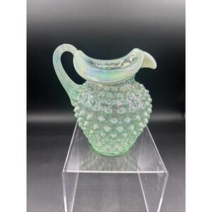 Fenton Hobnail Iridescent Opalescent Willow Green Glass Pitcher  5 1/2”